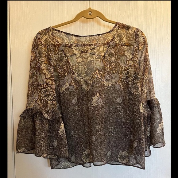 ZARA Paisley Brown Sheer Blouse Ruffle Bell Sleeves Size Medium Fairy 70’s flare - Picture 4 of 5